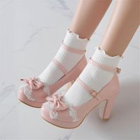 Wholesale Dress Shoes PXELENA JK Japanese Lolita Mary Janes Princess White Pink Ankle Strap Bowtie Lace Ruffles Wedding Cosplay Uniform Pumps