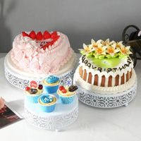 Wholesale Other Bakeware E Hollow Floral Pattern Round Metal Silver Cake Stand Holder Dessert Cupcake Pastry Candy Display Plate Tray Party Favor