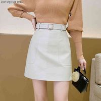 Wholesale Casual Dresses Streetwear PU Leather Skirt Women Autumn Winter High Waist Mini Pocket With Belt A line White Brown H1YV