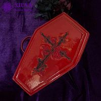Wholesale Xiuya Harajuku Gothic Bags Punk Coffin Handbags For Women Red Patent Leather Cross Rose Embroidered Cosmetic Bag Suitcase