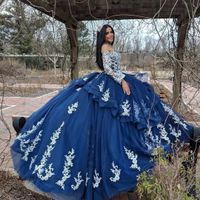 Wholesale Elegant Navy Blue Quinceanera Dresses With White Lace Appliques Long Sleeves Ball Gown Off Shoulder years dress Sweet Prom Gowns
