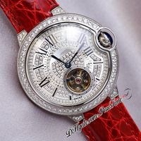 Wholesale 36mm Paved Diamonds Dial Automatic Tourbillon Womens Watch Diamond Bezel Roman Markers Red Leather Strap Ladies Bling Jewelry Watches Sapphire Puretime A1