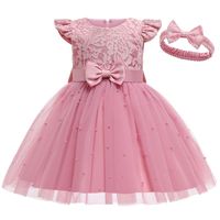 Wholesale Girl s Dresses Ins Children Clothing Pearl Bowknot Pink Mesh Lace Baby Girl Princess Dress For Girls Party Puffy Send Headband