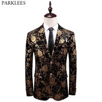 Wholesale Mens Gold Rose Floral Bronzing Velvet Dress Blazers Brand Slim Fit Notched Lapel Suit Blazer for Wedding Party Prom XL