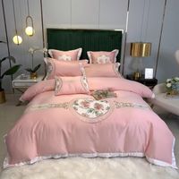 Wholesale Bedding Sets Luxury Pink Red Blue Chinese Style Flowers Embroidery Satin Silk Cotton Set Duvet Cover Flat Fitted Sheet Pillowcases