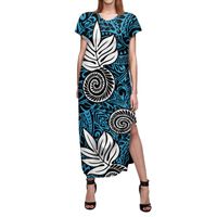 Wholesale Casual Dresses Super Soft Stretch Fabric Female Short Sleeved Dress Polynesian Tribal Design Red Print Sexy Large Size Women Split Long