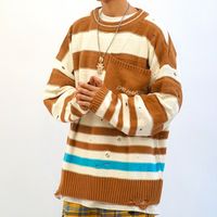 Wholesale Pockets Striped Color Match Casual Sweaters Mens Hole Pullover Patchwork Crew Neck Oversized Sweater