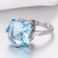 Wholesale European and American Fashion High End Zhenrong New Inlaid Light Sea Blue Topaz Square Diamond Ring European and American Engagement Pr