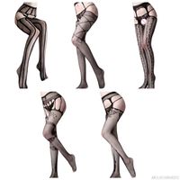 Wholesale Socks Hosiery Women Sexy Open Crotch Fishnet Pantyhose Lingerie Striped Jacquard Patterned Tights Hollow Out Sheer Mesh Suspender Garter A