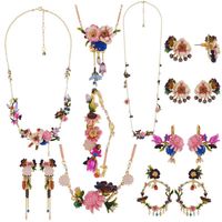 Wholesale Stud Fashion Monet Garden Series Set Enamel Color Glaze Pink Flower Tassel Long Necklace Earrings Bracelet Bangle