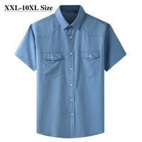 Wholesale Plus Size XL XL XL Denim Shirt Men s Summer Thin Loose Casual Light Blue Short Sleeve Fashion Pockets Elasticity Shirts Male