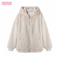 Wholesale Fashion Faux Fur Windproof Warm Hooded Long Sleeves Women s Jacket Coat Vintage Plush Solid Color Loose Pilot Chic Tops Female