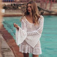 Wholesale New Summer Swimsuit Lace Hollow Crochet Beach Bikini Cover Up long Sleeve Women Tops Swimwear Beach Dress White Beach Tunic Shirt