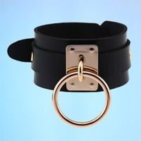 Wholesale Big Round Leather Choker Women Bondage Wide Collare Goth Chocker Spike Metal Ring Statement Necklace Maxi Party Jewelry Bangle