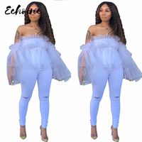 Wholesale Echoine Women Summer Double Mesh Sheer See Though Strapless Off Shoulder Long Butterfly Sleeve Blouse Shirts Plus Size S XXL Top ta