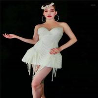 Wholesale Party Decoration Y82 Female Sleeveless White Pearl Dress Singer Beading Mini DJ Sexy Skirt Stage Dance Costumes Bar Outfits Clothing