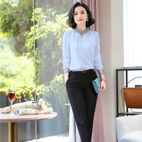 Wholesale Women Work Blouses Sky Blue Two Piece Pant And Top Sets Office Ladies Long Sleeve Feamle Tops Clothes Women s Shirts