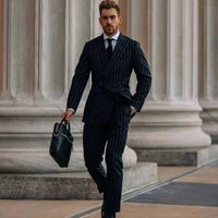 Wholesale Men s Suits Blazers Selling Black Pinstripe Double Breasted Business Formal Men Suit Slim Fit Blazer Casual Male Coat Jacket Tuxedo