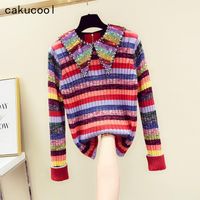 Wholesale Women s Sweaters Cakucool Rainbow Colorful Sweater Women Turn Down Collar Pearl Beading Runway Design Slim Jumper Femme