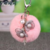 Wholesale Keychains Fluffy Puff Ball Crystal Pearl Flower Pompom Keychain Women HandBag Key Chain Ring Car Holder Jewelry
