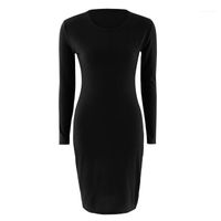 Wholesale Sexy Autumn Winter Solid Party Long Sleeve Cotton Blend Casual Shopping Office Women Dress Tight Fitting Daily Crew Neck1
