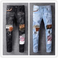 Wholesale Designer Winter Mens Jeans Fashion Black Pants Blue Tight fitting Ripped Elastic Slim fit High quality Trousers With Holes Size W28 W40