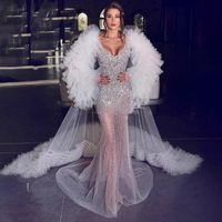 Wholesale Party Dresses Heavy Beading Mermaid Prom With Cape Luxury Puffy Long Sleeves Tulle Court Train Chic Evening Gown Formal Dress