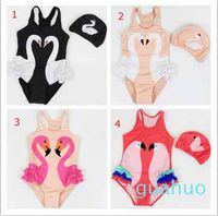 Wholesale 2021 fashion hot selling girl kids one piece bikini hat summer girl cute Black swan flamingo parrot swimsuit free ship