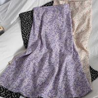Wholesale Floral Purple Print Ruffle Pleated Long Skirts Summer Women Korean Style Streetwear Drawstring Elastic Waist Midi Skirt