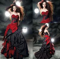 Wholesale Black And Red Gothic Wedding Dresses Modest Sweetheart Ruffles Satin Lace Up Back Corset Top Ball Gown Bridal Dresses
