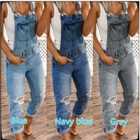 Wholesale Jeans station European American ladies strap trousers broken water washing body pants straps womens denim women s fashion black overalls for zf