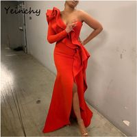 Wholesale Casual Dresses Yeinchy Ladies V Neck Backless Maxi Ruffles PLUS Size One Long Sleeve Bodycon Split Party Floor Length FM6199