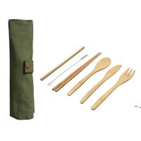 Wholesale 7Pcs Set Wooden Dinnerware Set Bamboo Teaspoon Fork Soup Knife Catering Cutlery Set with Cloth Bag Kitchen Cooking Tools Utensil NHA10845