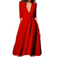 Wholesale Casual Dresses Elegant A Line V Neck White Maxi Half Sleeves Simple Sexy Night Club Long Solid Color Female Office Pink Navy Dress