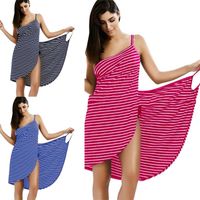 Wholesale Casual Dresses K5DA Women Summer Wearable Bath Towel Striped Print Spaghetti Strap Wrap Front Beach Dress Sling Bathrobe Blanket Quick Dry U