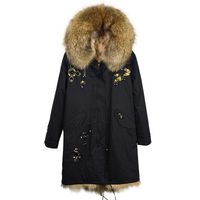 Wholesale Women s Fur Faux Stylish Beading Coat Black Long Style Parka With Natural Color Lining For Men And Women