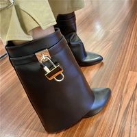 Wholesale New Arrival Buckle Strap Metal Shark Lock Ankle Boots Women Wedges Sexy Pointed Toe Black Beige Brown Solid Leather Botas Mujer Fashion Designer Padlock Shoes Female