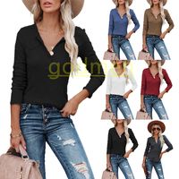 Wholesale Fashion Stylish Womens Long Sleeve T Shirts Casual Slim Base Shirt Women Solid Color Pit Tops Female V neck button Tees S XL