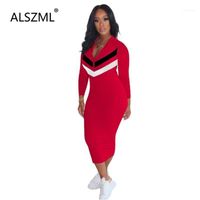 Wholesale Casual Dresses Young Party Simple Pure Color Zipper Long Sleeve V Print Skinny Dress Autumn Sexy Night Club Bodycon Bandage Dresses1