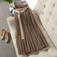 Wholesale 2021 Summer Elastic Waist Black Red Yellow Ivory Brown Pure Color Soft Tulle Belted Pleated Mid Calf Skirt Q082104267