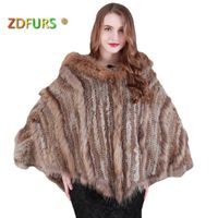 Wholesale Scarves ZDFURS Fashion Warm Ladies Large Fur Poncho Hooded Raccoon Dog Trimming Big Hood Cape Shawl ZDKR