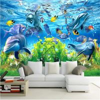 Wholesale Modern Wallpapers For Living Room HD Underwater World Bedroom Wallpaper Dolphin Fish School TV Background Wall Paper Home Decor