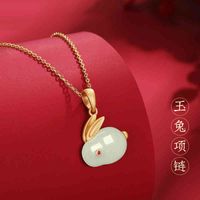 Wholesale Junli jewelry S925 Sterling Sier Hetian Jade Rabbit Necklace female wind Forbidden City Jade Rabbit Pendant Han suit clavicle chain