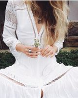 Wholesale bohemian holiday beach dress white color lace hollow out lantern long sleeve mid calf deep V neck vintage vacation Women