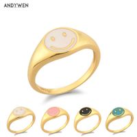 Wholesale ANDYWEN Sterling Silver Size Gold Smiley Face Ring Women Enamel Pink White Black Turquoise Happy Smile Rings Jewelry