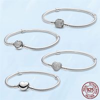 Wholesale Women Bracelets Sterling Silver Heart CZ Diamond Snake Chain Bracelet Fit Pandora Charm Beads Fine Jewelry Gift With Original Box