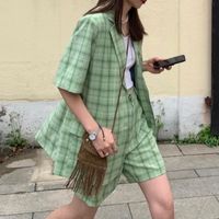 Wholesale Women s Tracksuits High Quality Green Plaid Blazers Suits Women Summer Thin Korean Fashion Loose Blazer Wide Leg Shorts Sets Woman Y2K