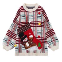 Wholesale PERHAPS U Women Christmas Sweater Loose Thicken Pullovers Long Sleeve White Red Plaid Christmas Socks Patch Appliques M0135