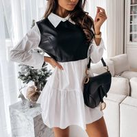 Wholesale Casual Dresses Spring Turn Down Collar Shirt Dress Office Lady Leather PU Mini Autumn Long Sleeve Ruffle Women Party