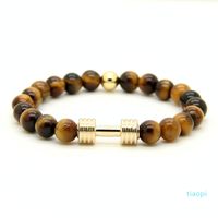 Wholesale Hot Real Gold Silver Plated Metal New Barbell mm Grey Picture Jasper A Grade Tiger Stone Beads Fitness Fashion Dumbbell Bracelets